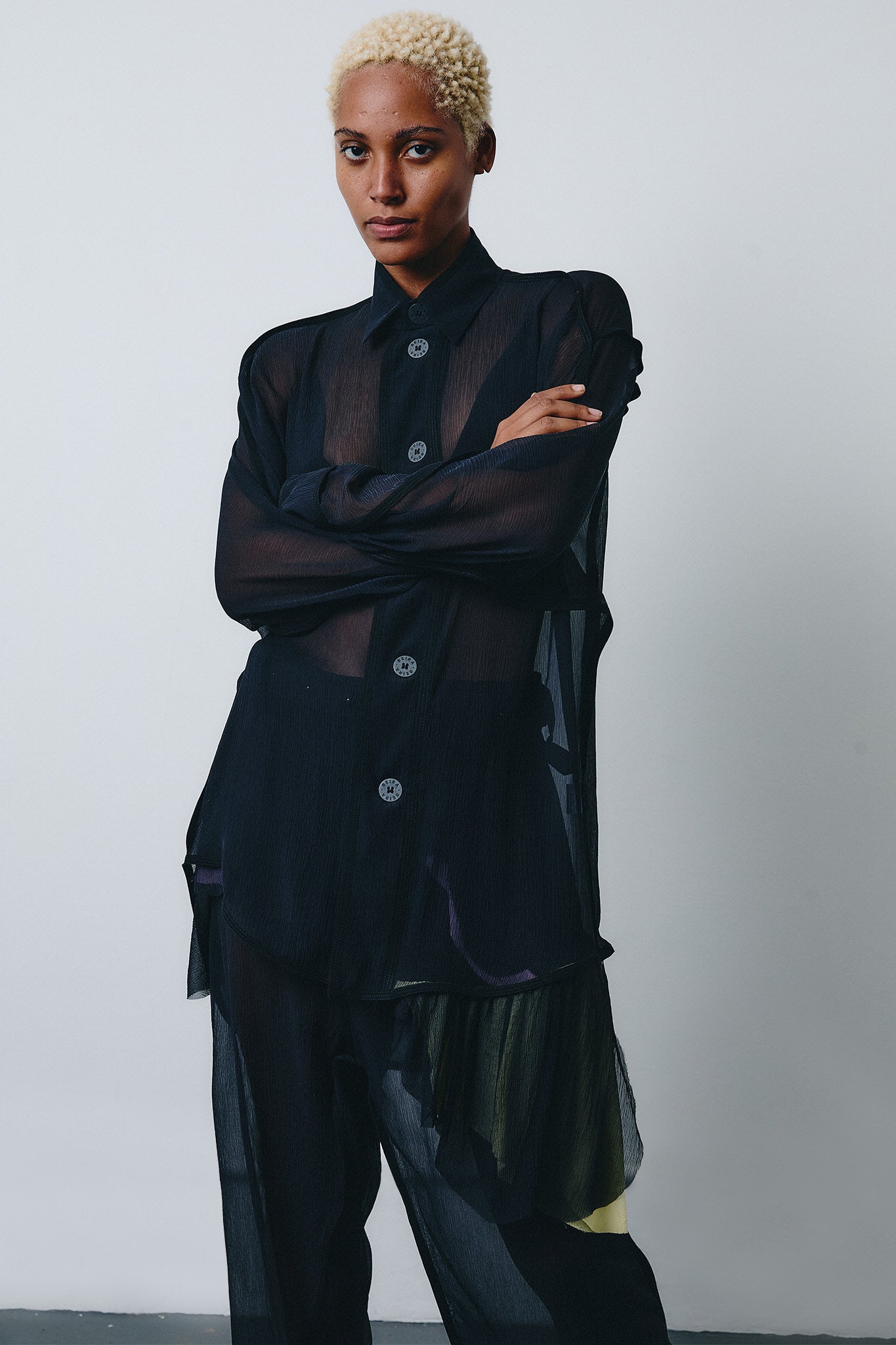 Chiffon Silk Pirate Shirt Colorful Detail - Black