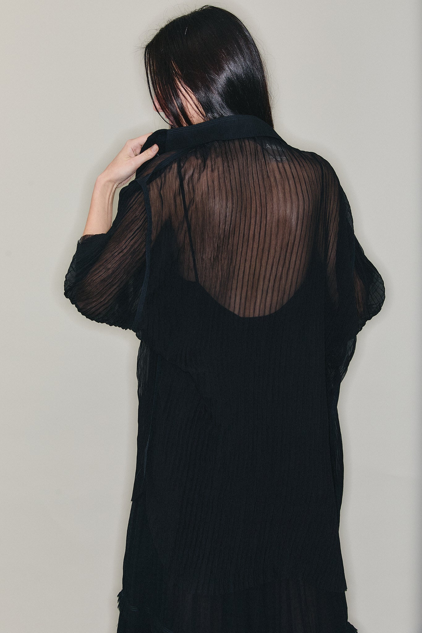 Pleated Silk Short Sleeve Shirt - Black