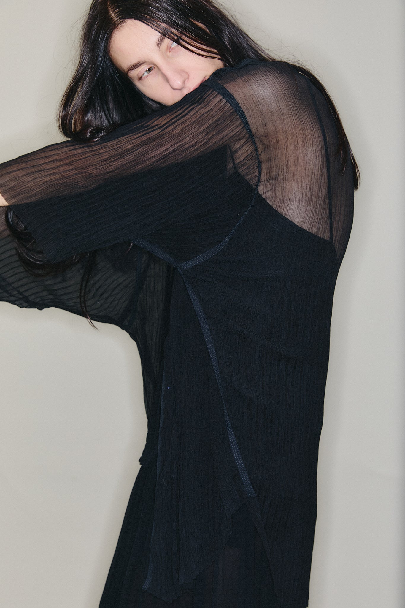 Pleated Silk Short Sleeve Shirt - Black