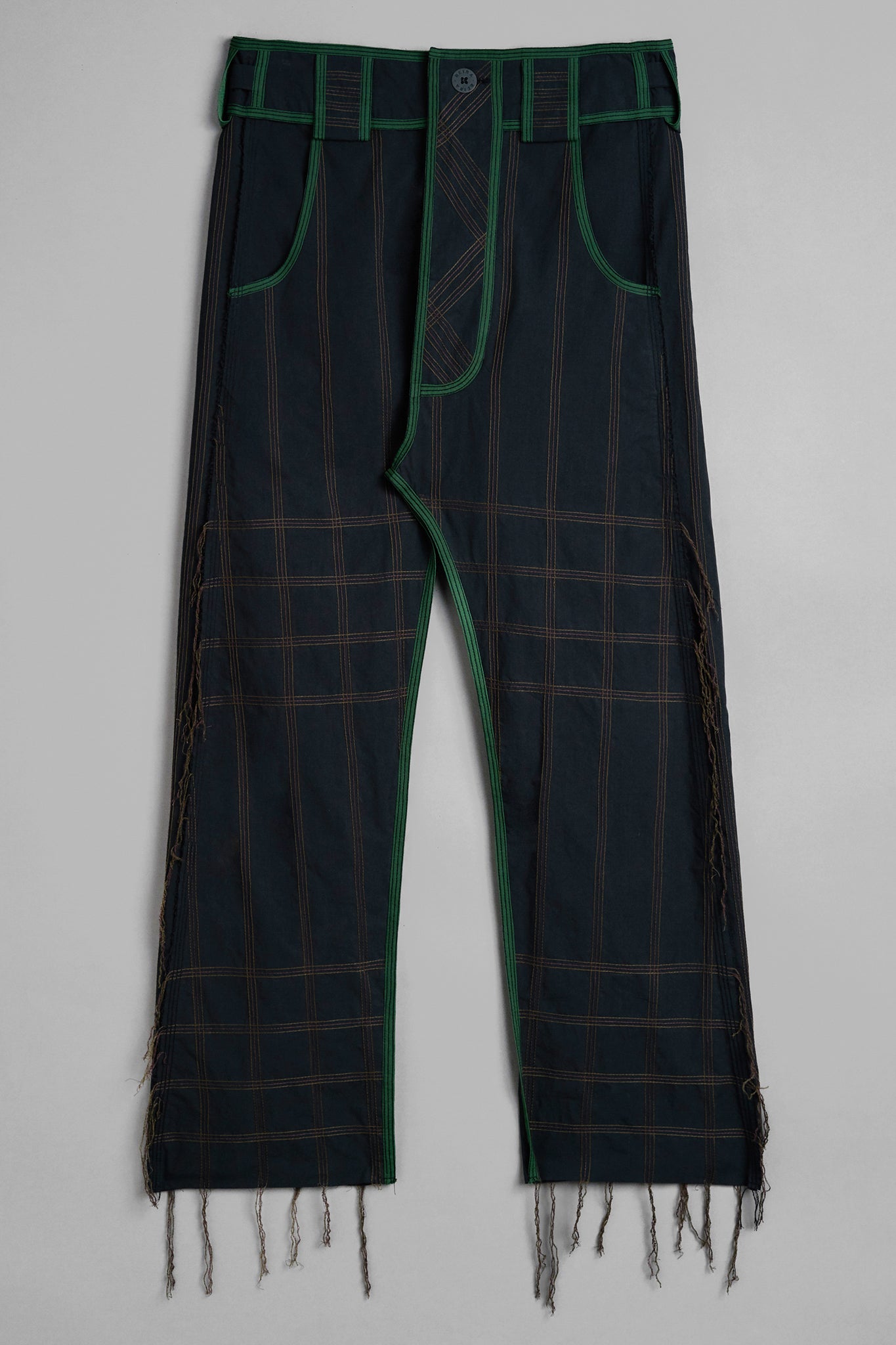 Cotton Fringed Topstitched Trousers - Black&Green