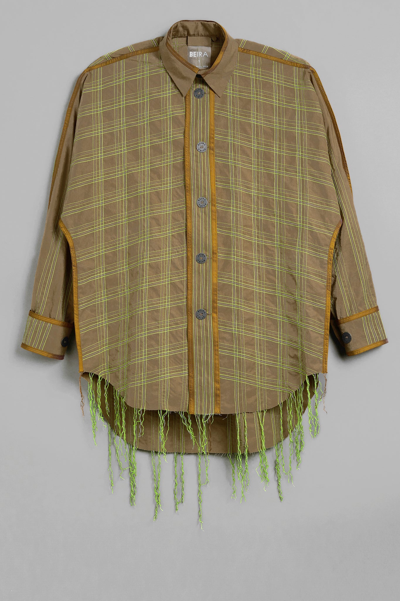 Cotton Topstitched Overshirt - Khaki&NeonGreen