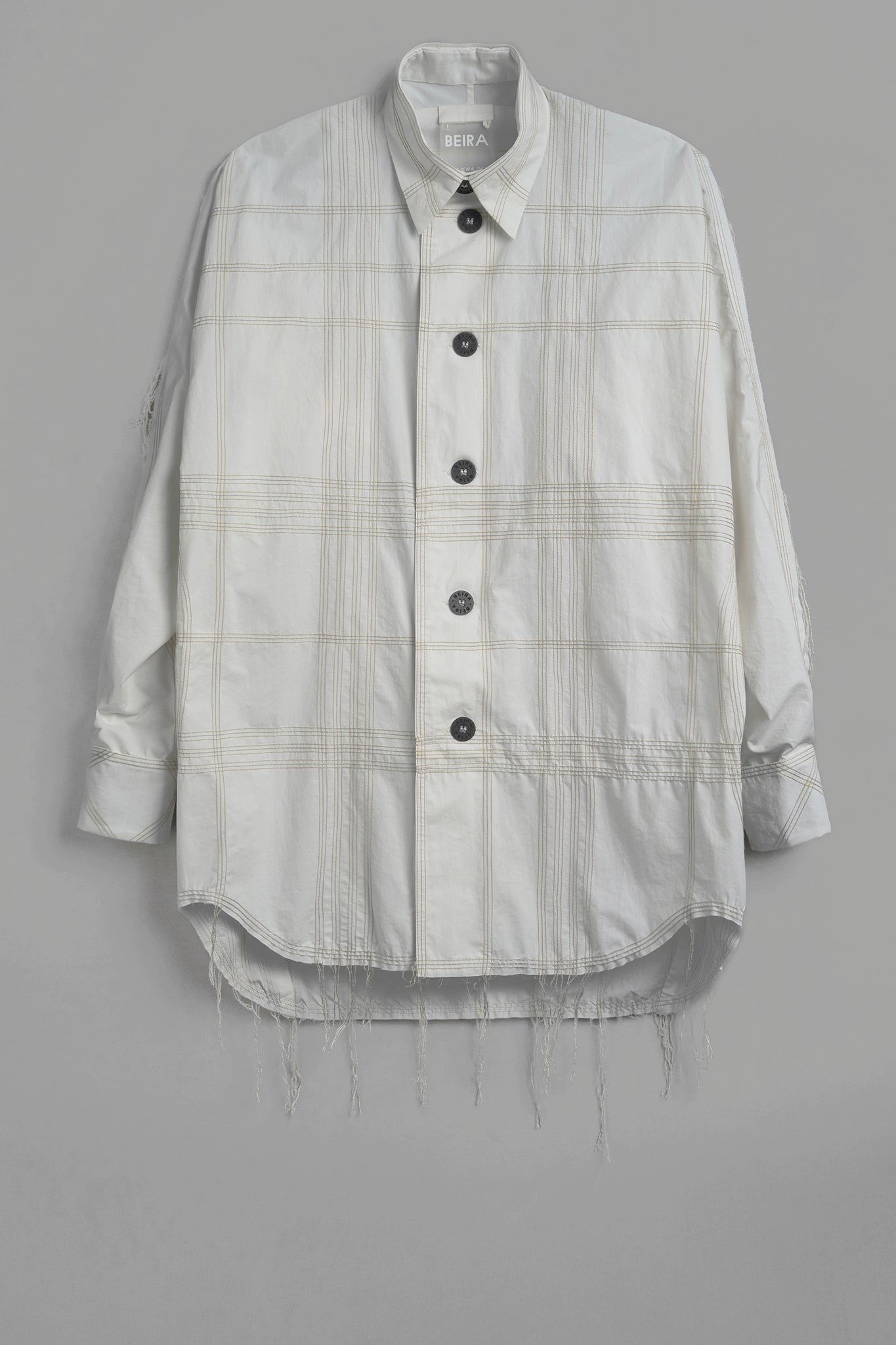 Cotton Fringed Topstitched Overshirt - White