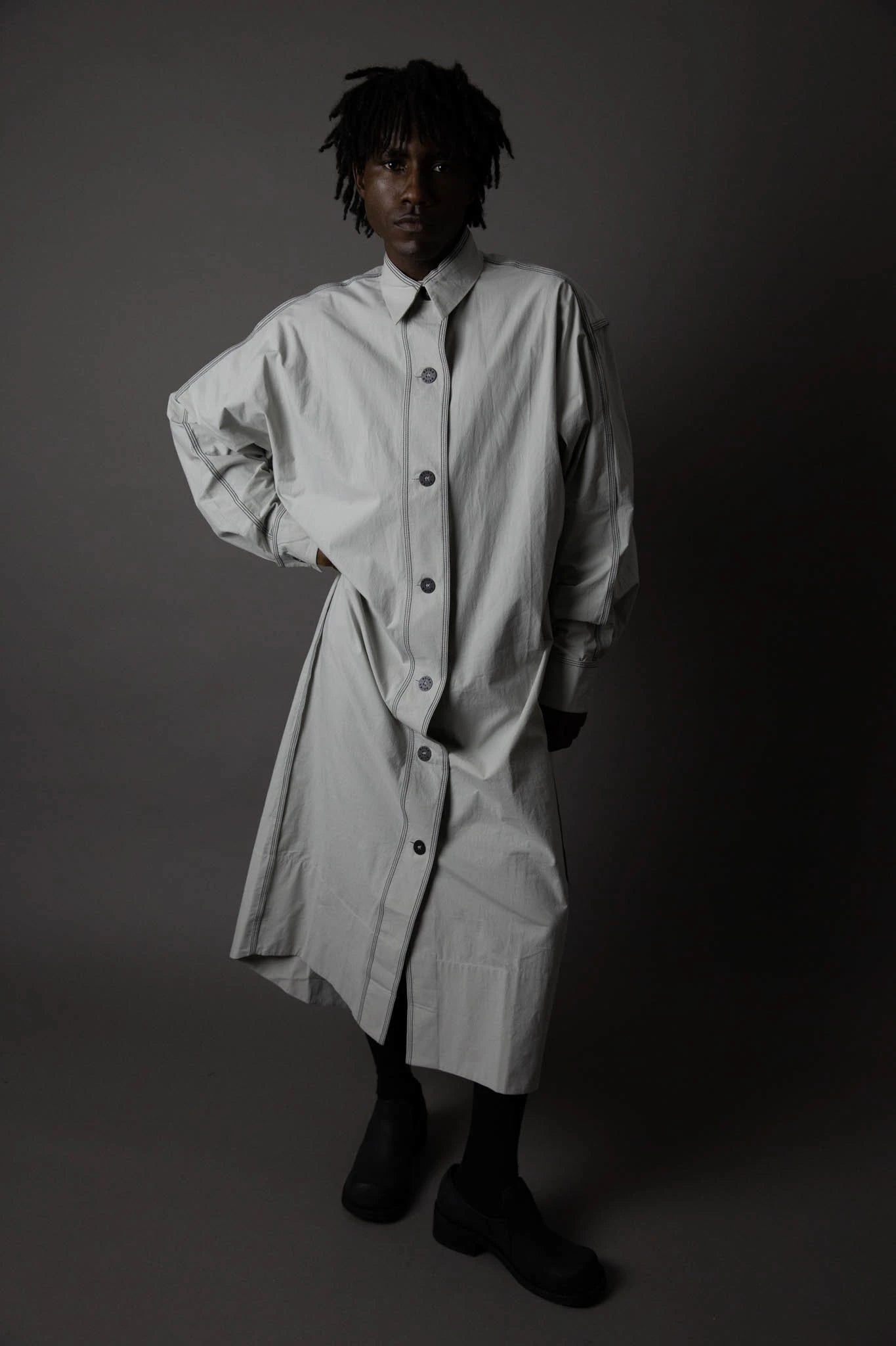 Cotton Long Sleeved Camp Shirt Dress - Grey